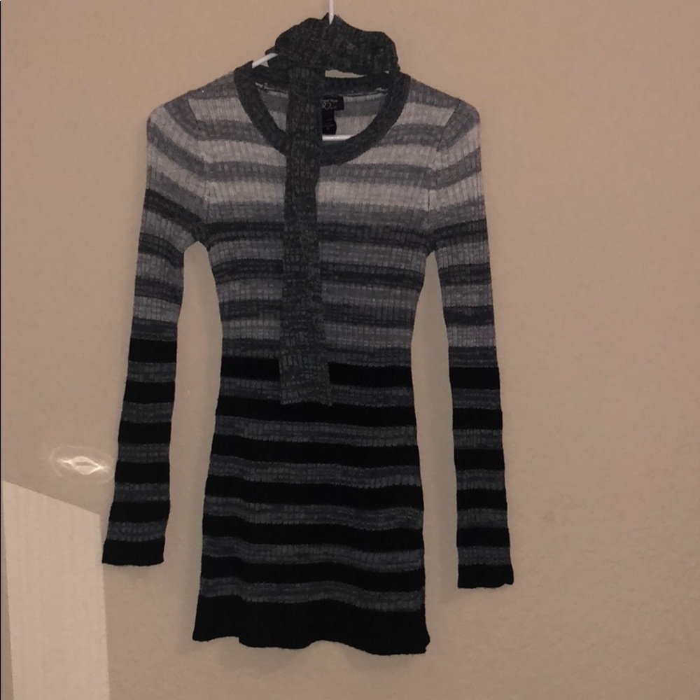 Striped sweater dress with scarf